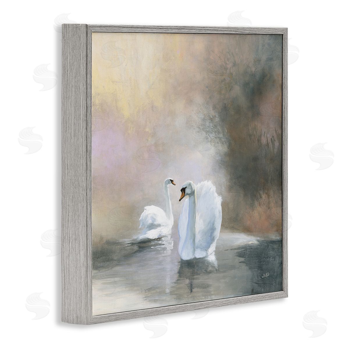 Julia Purinton Swans on Lake Landscape Gray Framed Glicee Wall Art Print