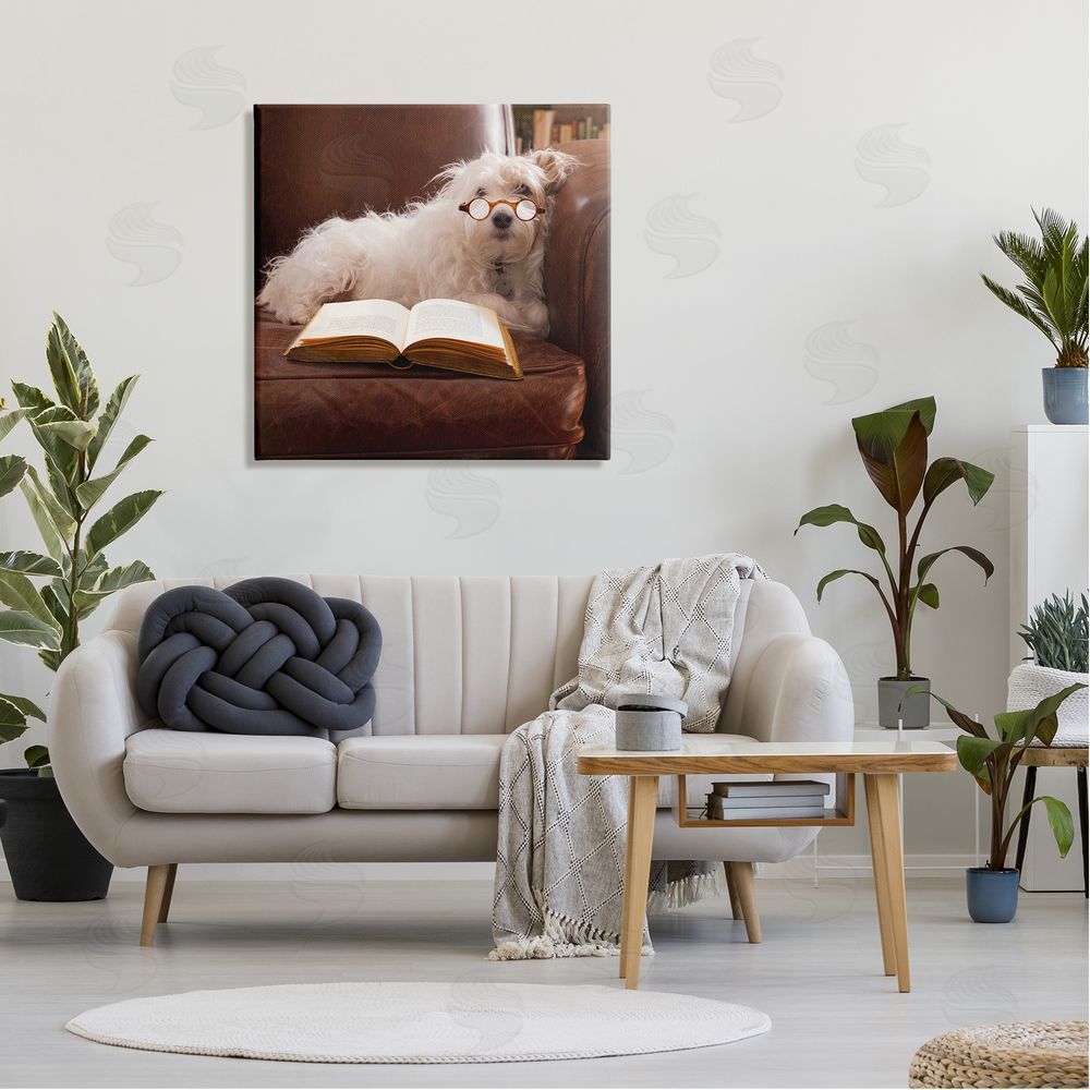 Michael Quackenbush White Dog Reading Book Canvas Wall Art in Room