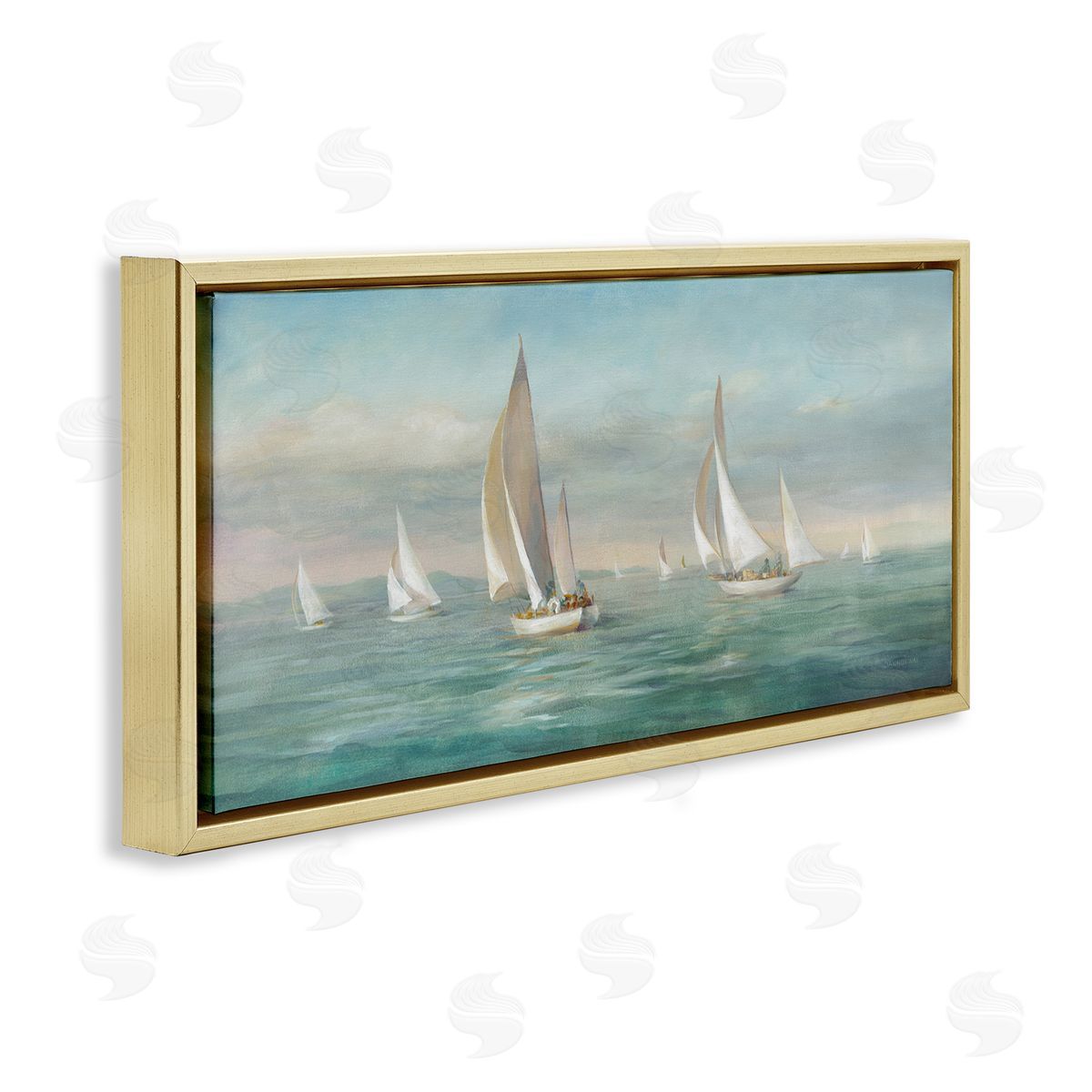 Sailboat Fleet Ocean Waves Gold Floating Frame Canvas Wall Art, Home Decor by Danhui Nai