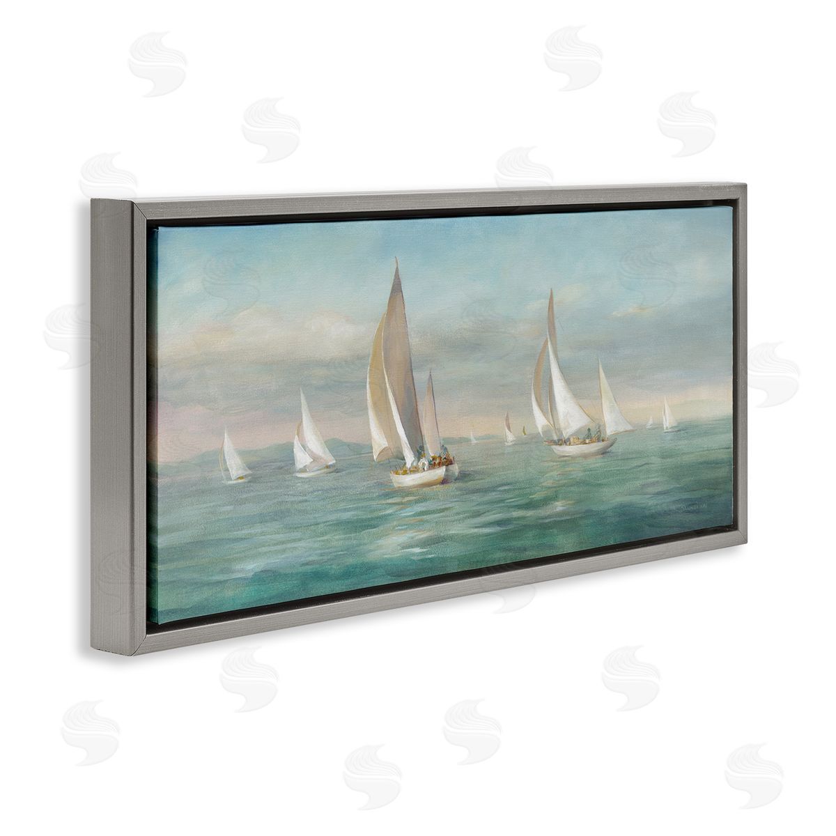 Sailboat Fleet Ocean Waves Grey Floating Frame Canvas Wall Art, Home Decor by Danhui Nai