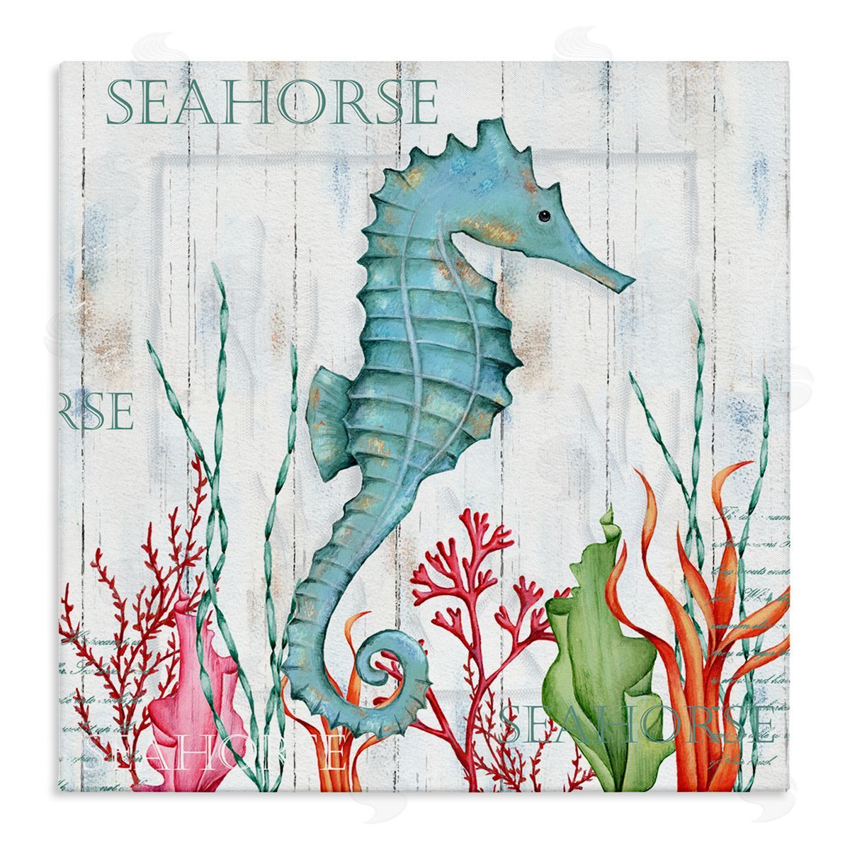 Emma Leach Seahorse on Rustic Plank Pattern Stretched Canvas Wall Art Print