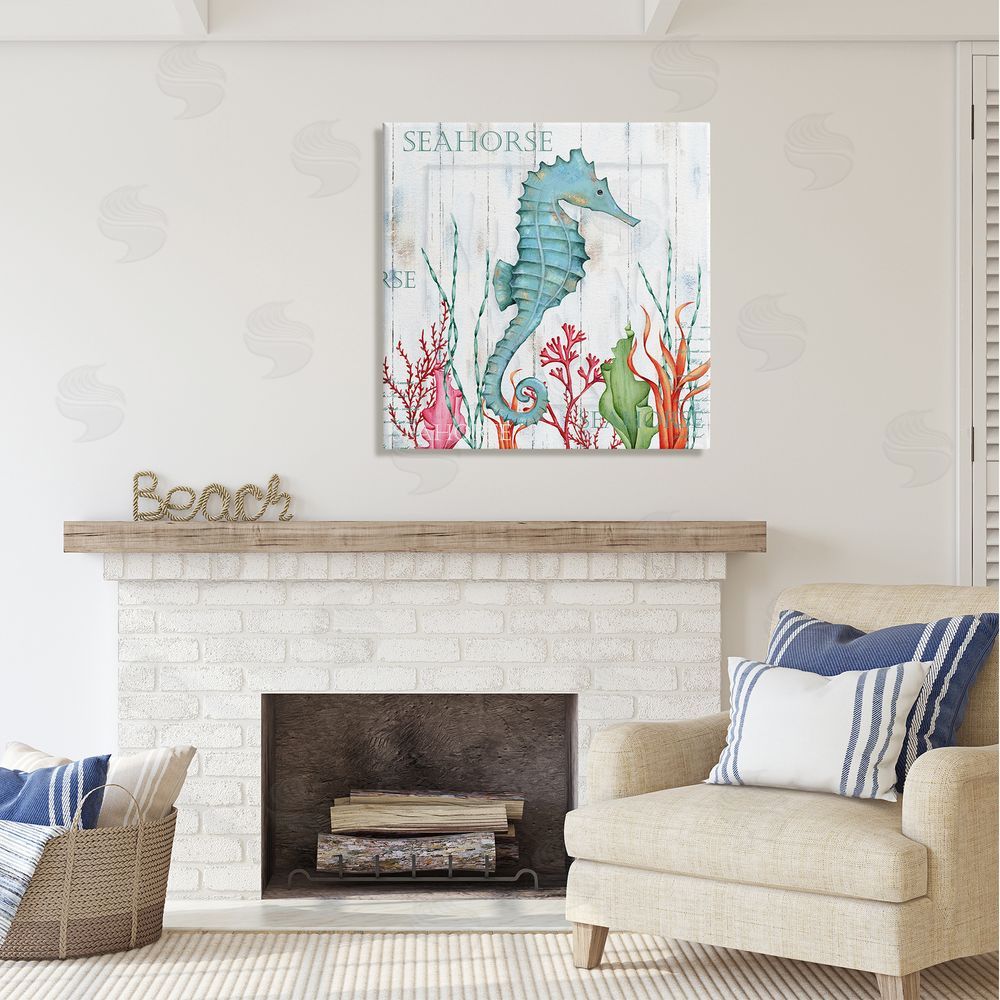 Emma Leach Seahorse on Rustic Plank Pattern Canvas Wall Art in Room