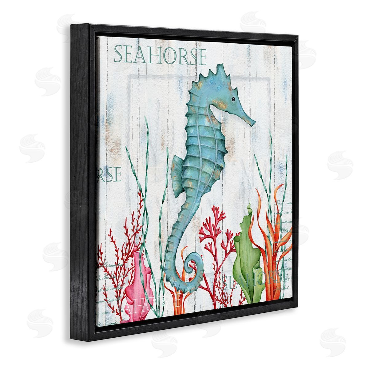 Emma Leach Seahorse on Rustic Plank Pattern Black Floating Frame Canvas Wall Art Print