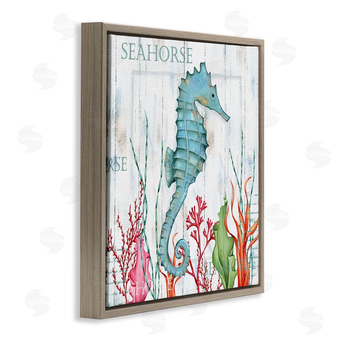 Emma Leach Seahorse on Rustic Plank Pattern Brown Floating Frame Canvas Wall Art Print