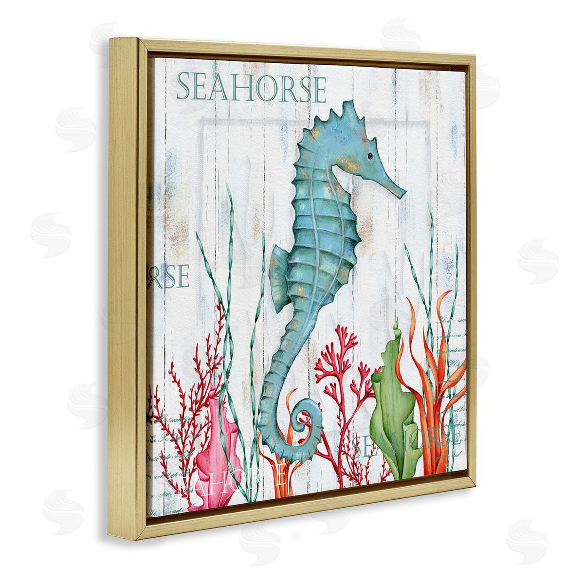 Emma Leach Seahorse on Rustic Plank Pattern Gold Floating Frame Canvas Wall Art Print
