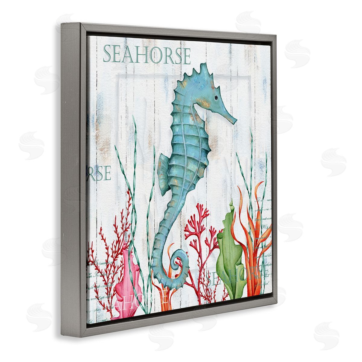 Emma Leach Seahorse on Rustic Plank Pattern Gray Floating Frame Canvas Wall Art Print