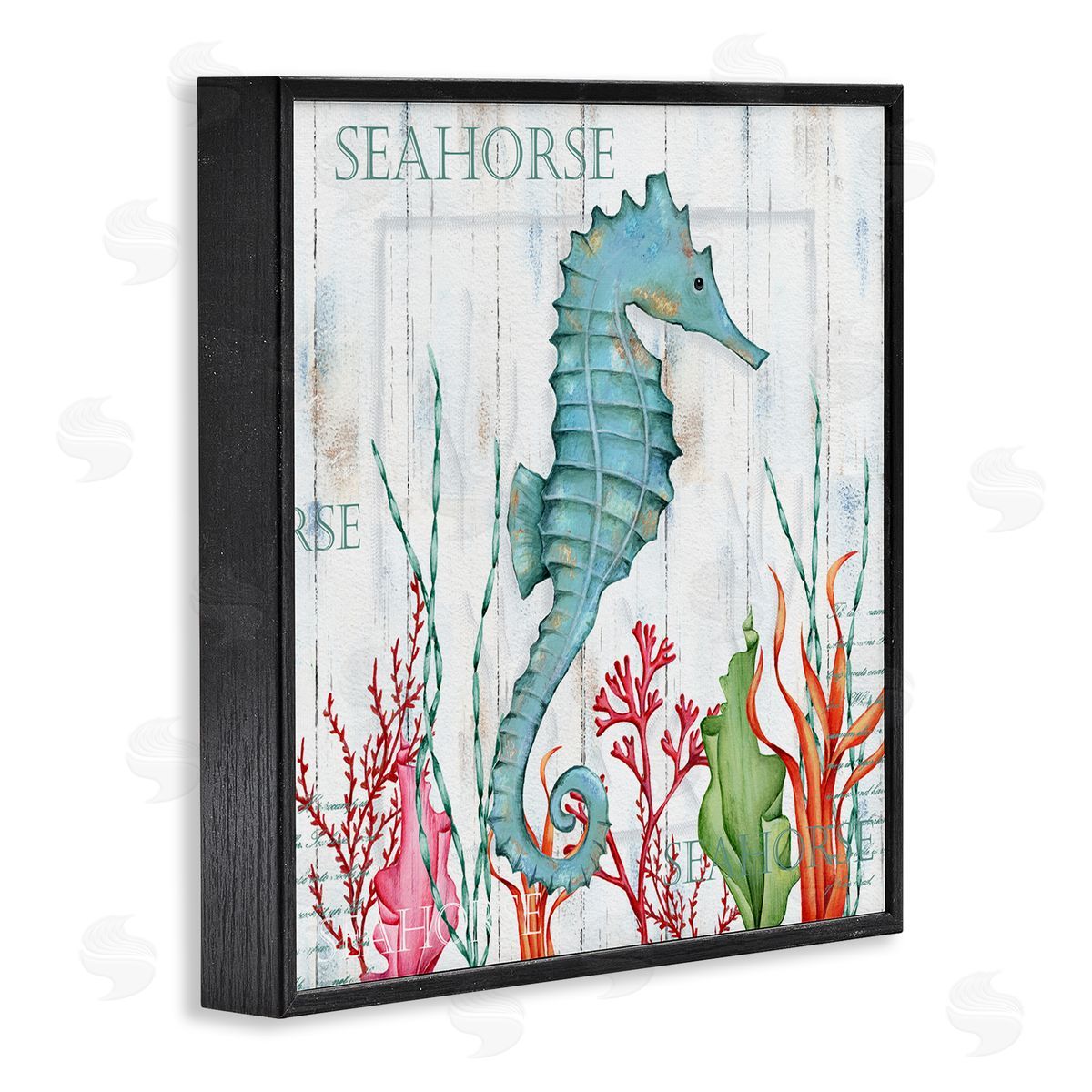 Emma Leach Seahorse on Rustic Plank Pattern Black Framed Glicee Wall Art Print