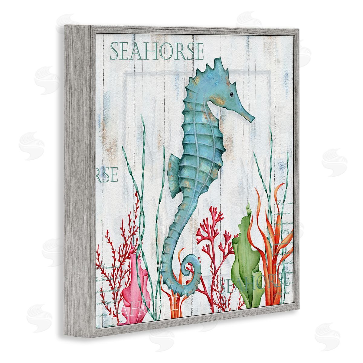 Emma Leach Seahorse on Rustic Plank Pattern Gray Framed Glicee Wall Art Print