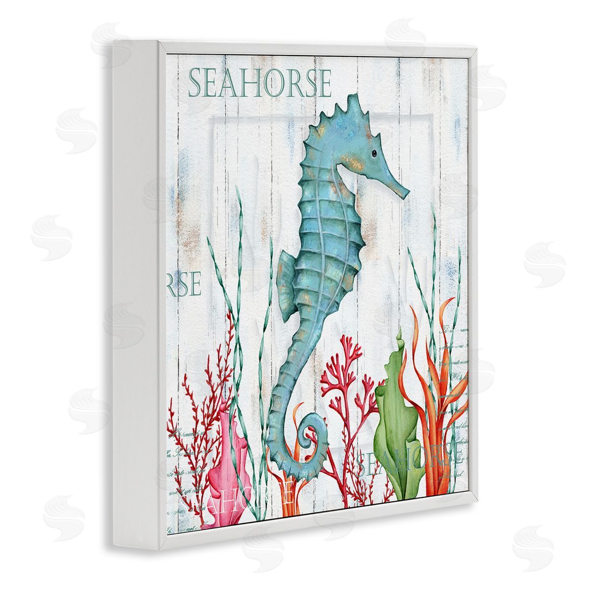 Emma Leach Seahorse on Rustic Plank Pattern White Framed Glicee Wall Art Print