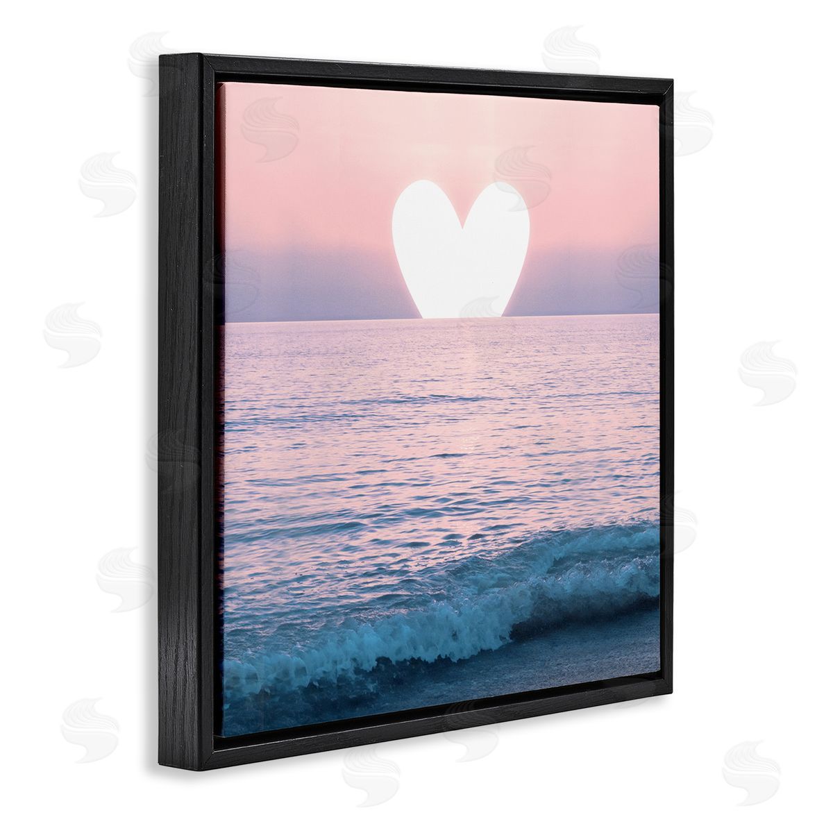 Pink Heart Ocean Sunrise Black Floating Frame Canvas Wall Art, Home Decor by Emanuela Carratoni