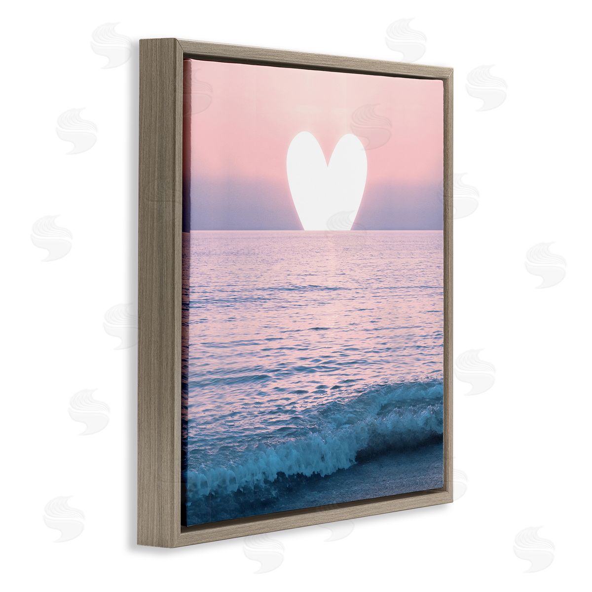 Pink Heart Ocean Sunrise Brown Floating Frame Canvas Wall Art, Home Decor by Emanuela Carratoni