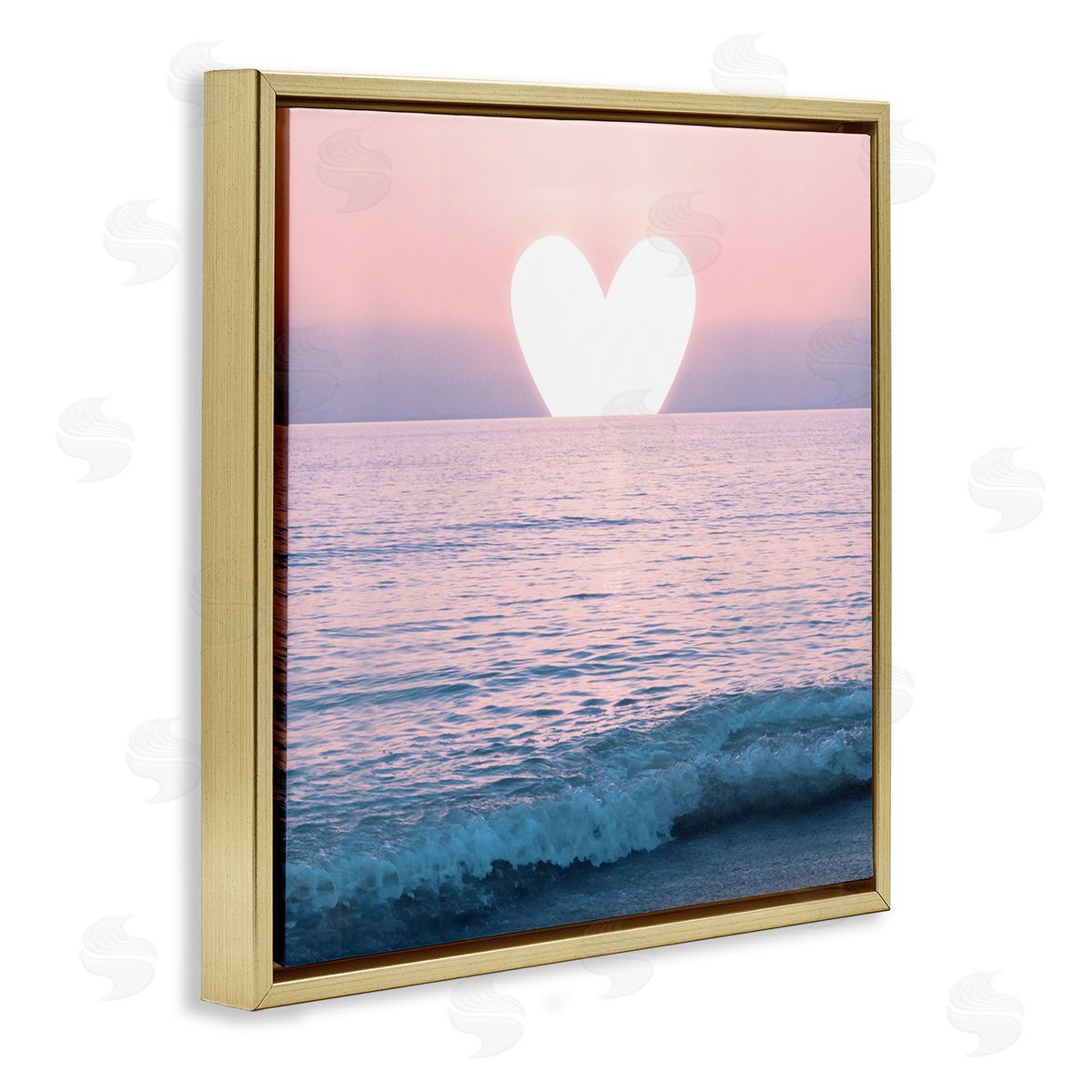 Pink Heart Ocean Sunrise Gold Floating Frame Canvas Wall Art, Home Decor by Emanuela Carratoni