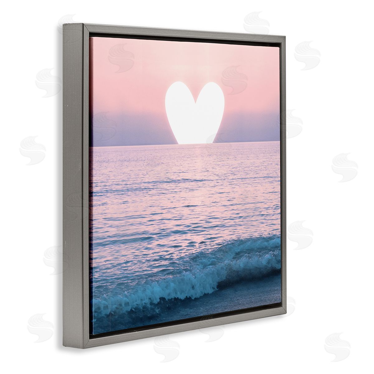 Pink Heart Ocean Sunrise Grey Floating Frame Canvas Wall Art, Home Decor by Emanuela Carratoni