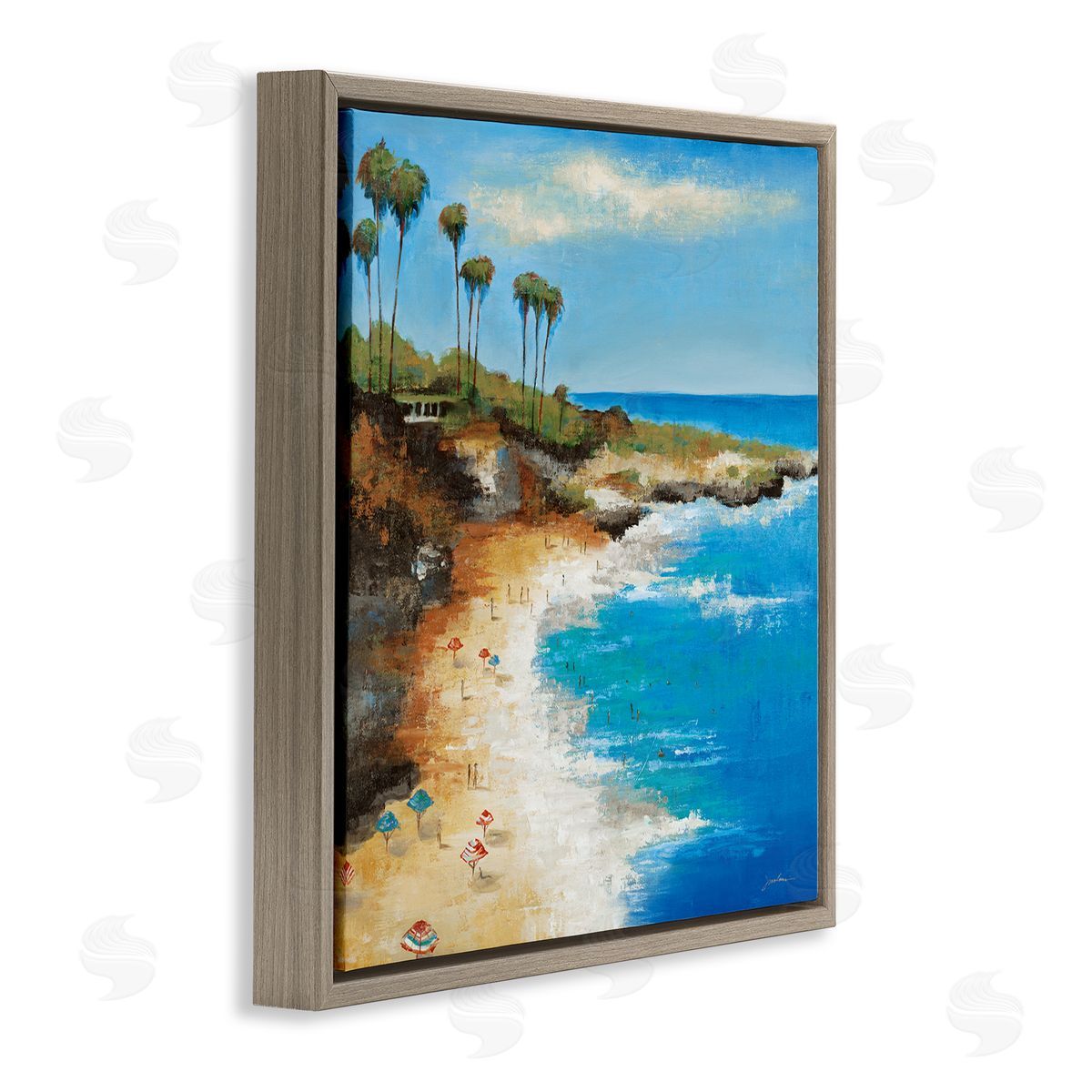 Liz Jardine Summer Beach Cove Brown Floating Frame Canvas Wall Art Print