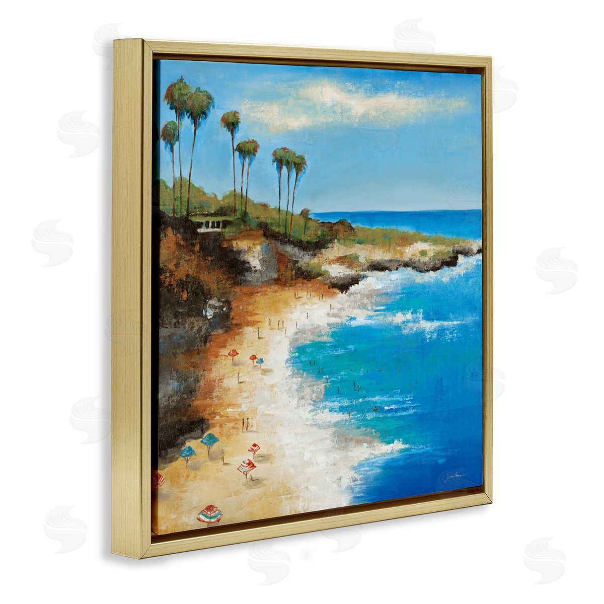 Liz Jardine Summer Beach Cove Gold Floating Frame Canvas Wall Art Print