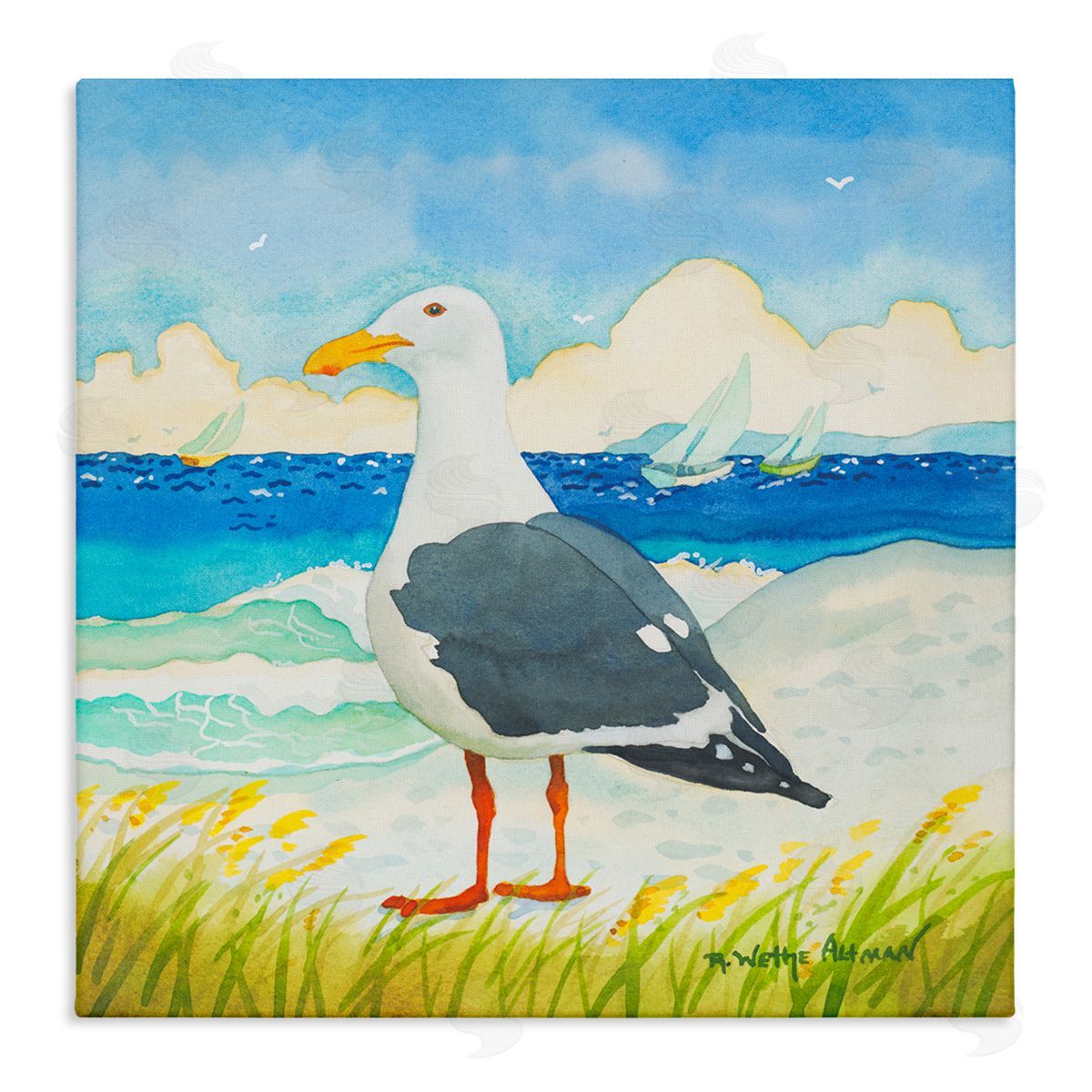 Robin Altman Seagull on Beach Painting Stretched Canvas Wall Art Print