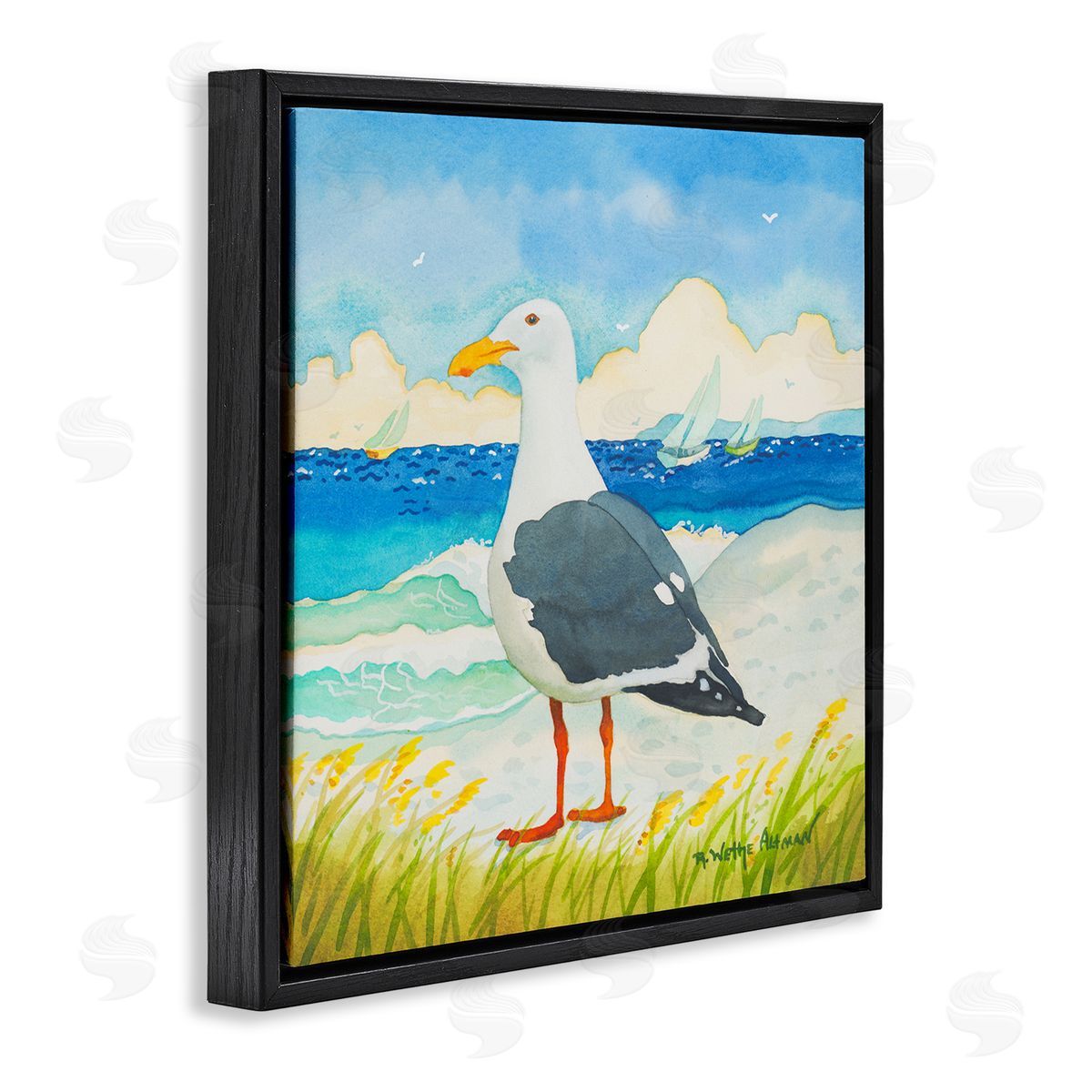 Robin Altman Seagull on Beach Painting Black Floating Frame Canvas Wall Art Print