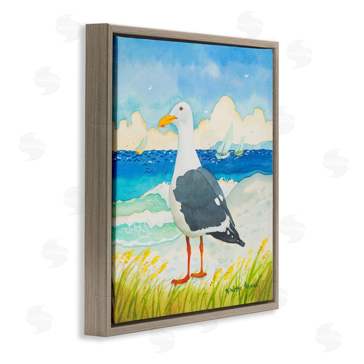 Robin Altman Seagull on Beach Painting Brown Floating Frame Canvas Wall Art Print