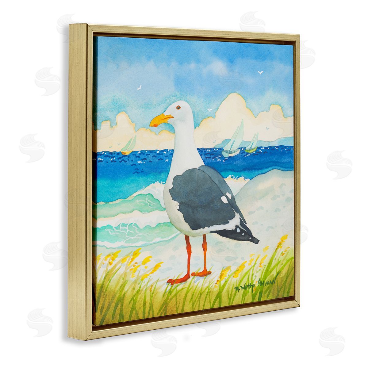 Robin Altman Seagull on Beach Painting Gold Floating Frame Canvas Wall Art Print