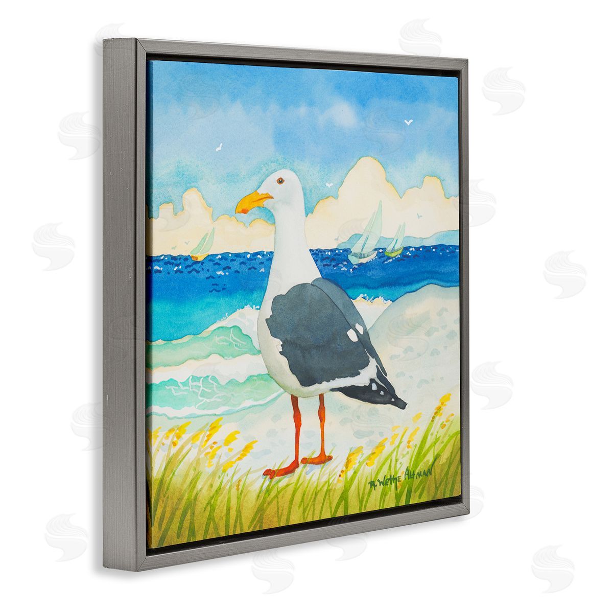 Robin Altman Seagull on Beach Painting Gray Floating Frame Canvas Wall Art Print