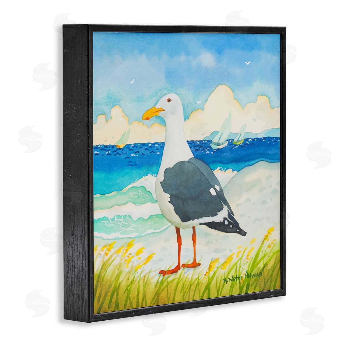 Robin Altman Seagull on Beach Painting Black Framed Glicee Wall Art Print
