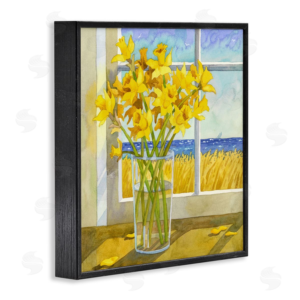 Daffodils in Seaside Window Black Frame Print Wall Art, Home Decor by Robin Altman