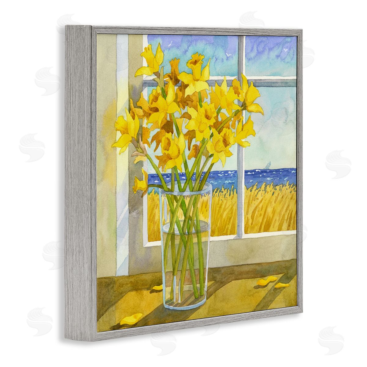 Daffodils in Seaside Window Grey Frame Print Wall Art, Home Decor by Robin Altman