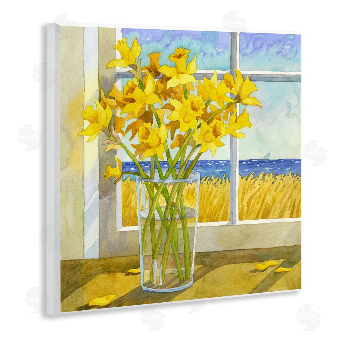 Daffodils in Seaside Window Wood Plaque Wall Art, Home Decor by Robin Altman
