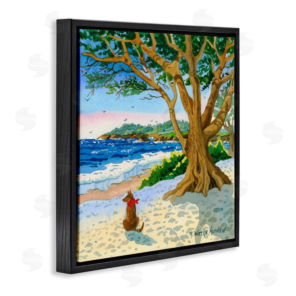 Robin Altman Dog On Beach Painting Black Floating Frame Canvas Wall Art Print