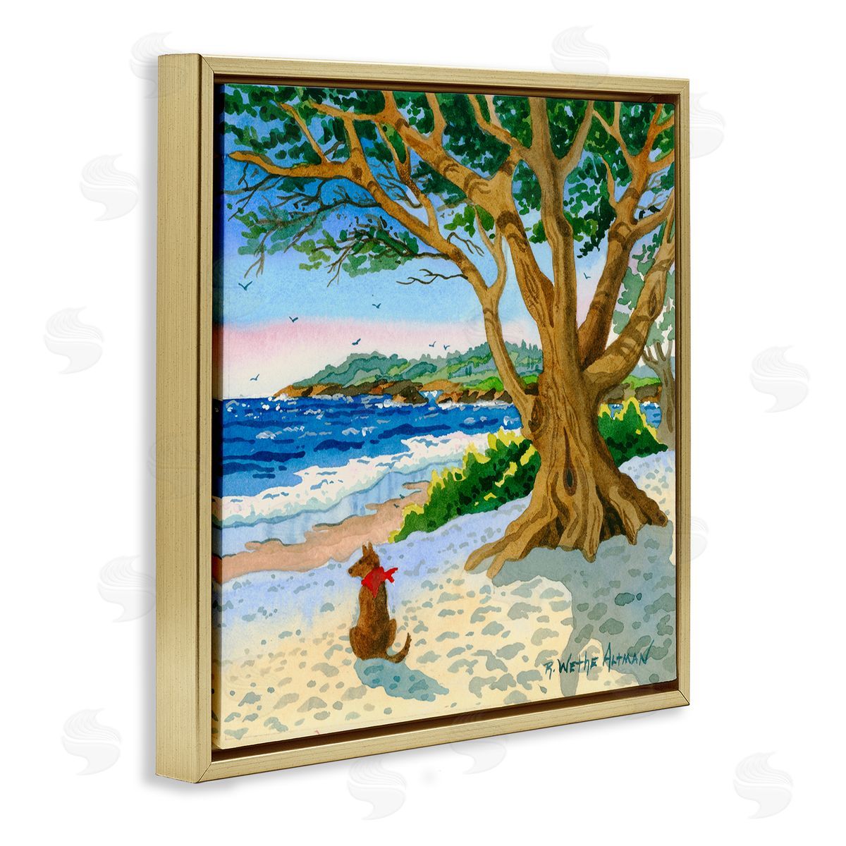 Robin Altman Dog On Beach Painting Gold Floating Frame Canvas Wall Art Print