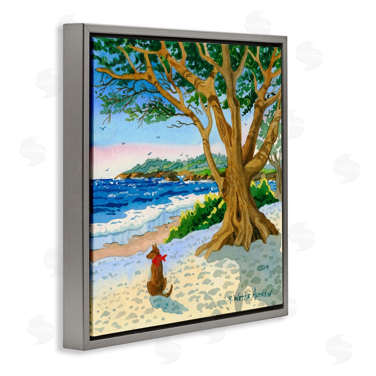 Robin Altman Dog On Beach Painting Gray Floating Frame Canvas Wall Art Print