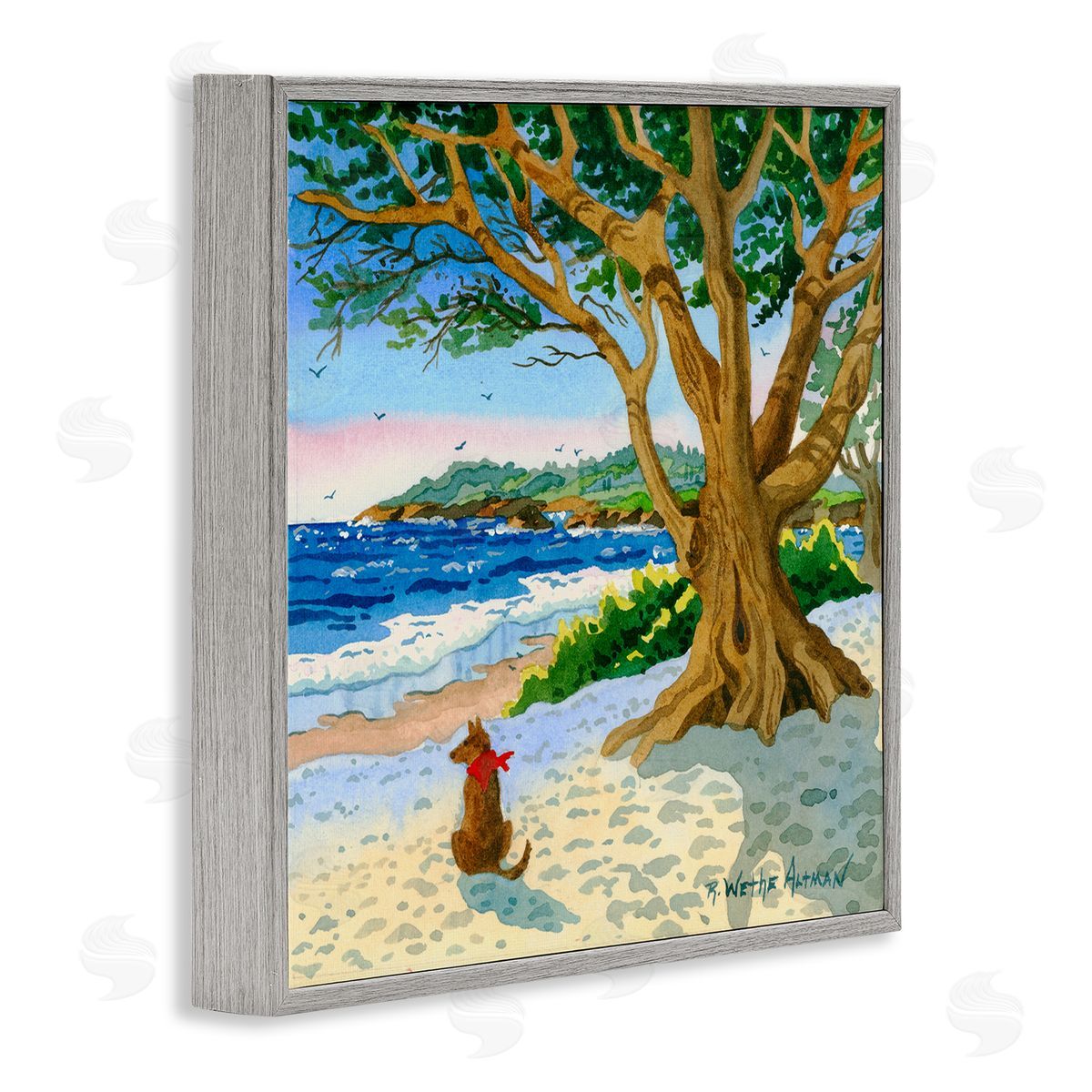 Robin Altman Dog On Beach Painting Gray Framed Glicee Wall Art Print