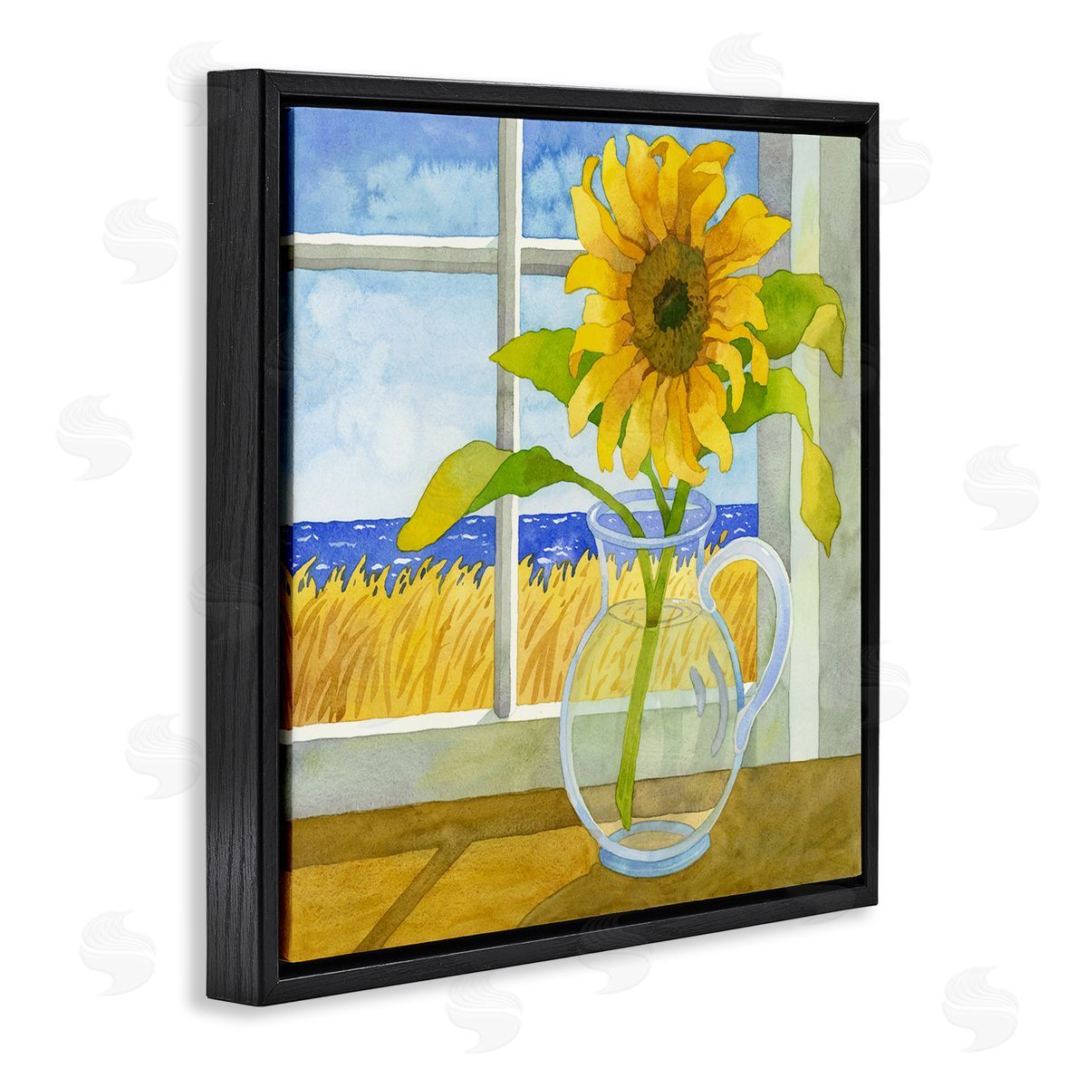 Robin Altman Sunflower in Coastal Window Black Floating Frame Canvas Wall Art Print
