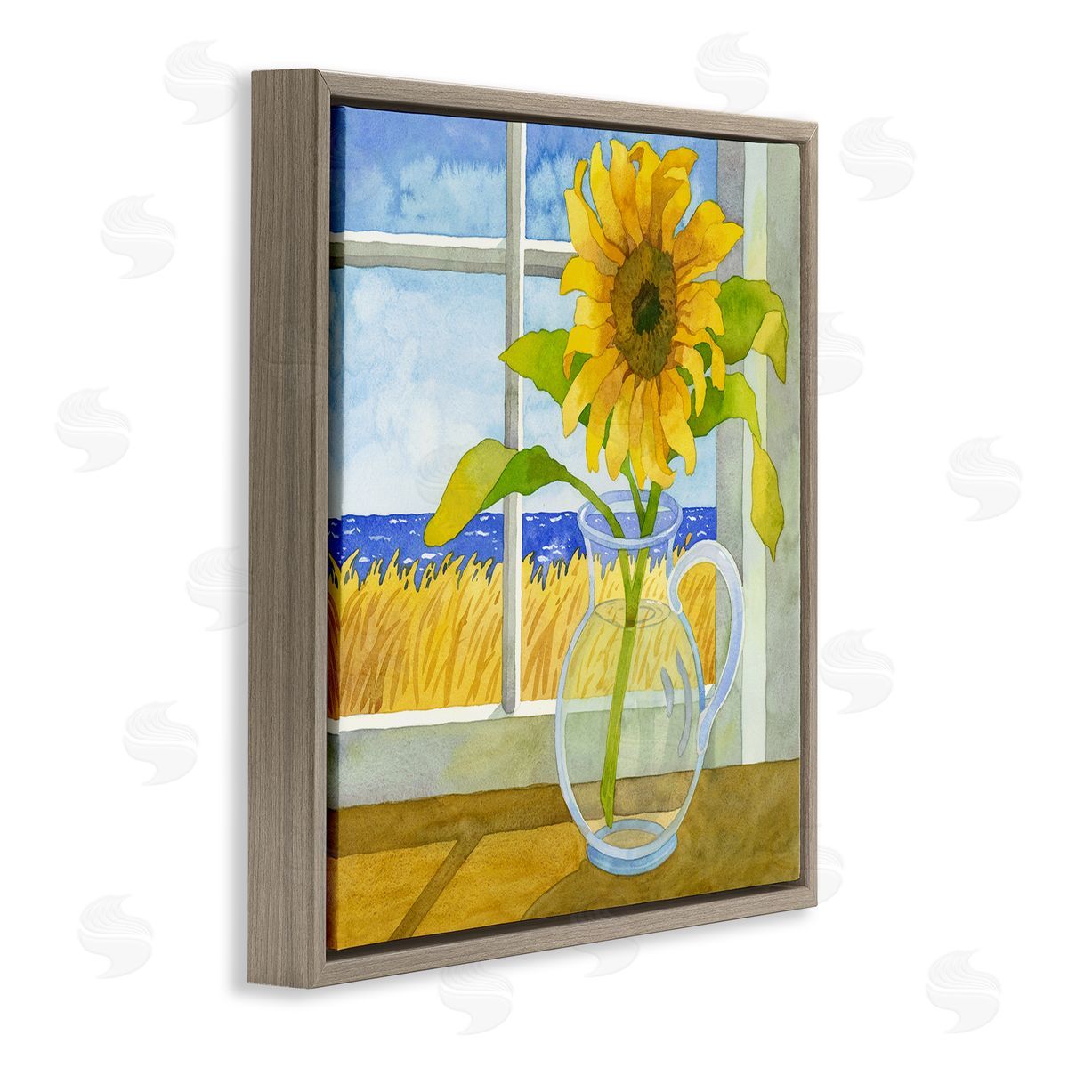 Robin Altman Sunflower in Coastal Window Brown Floating Frame Canvas Wall Art Print
