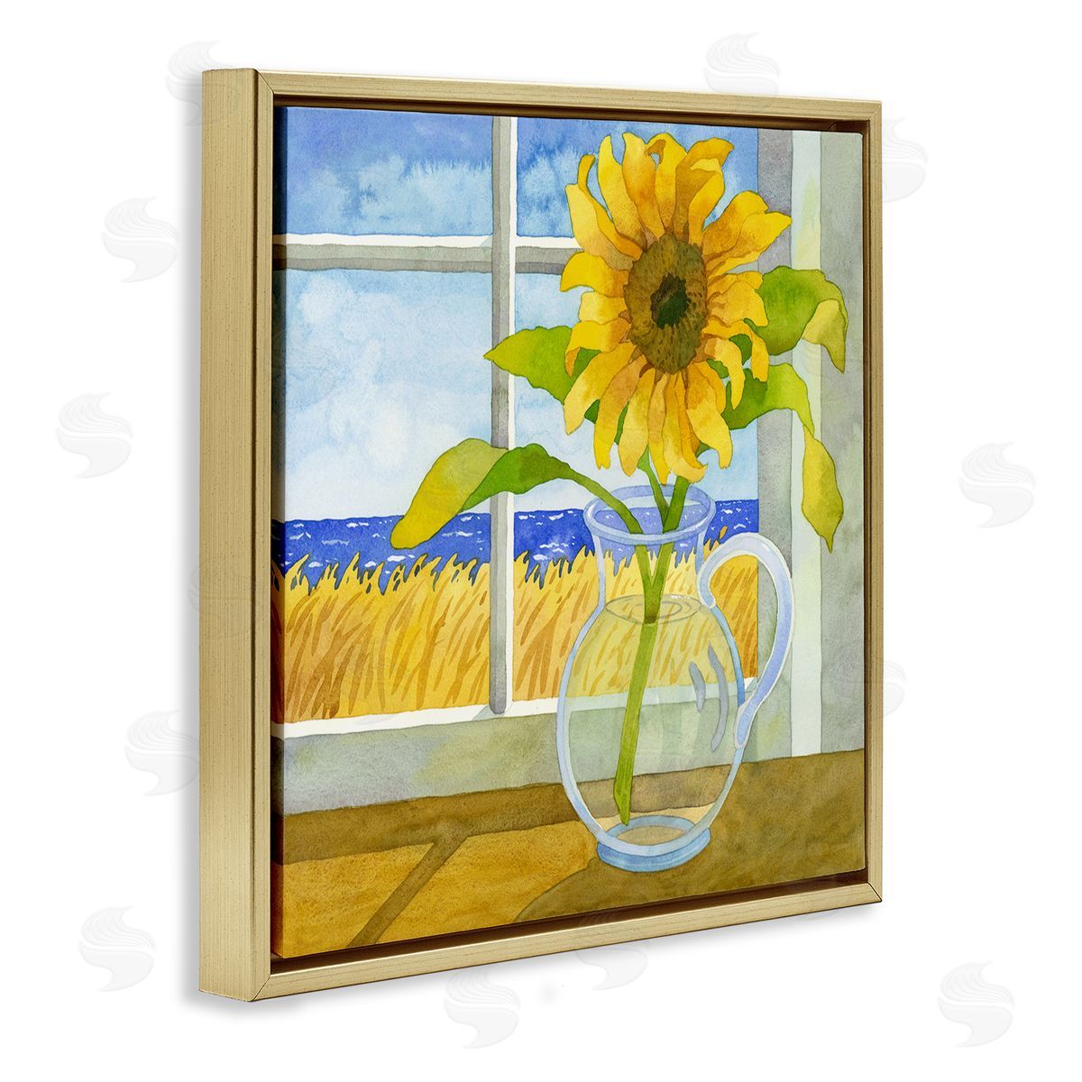Robin Altman Sunflower in Coastal Window Gold Floating Frame Canvas Wall Art Print