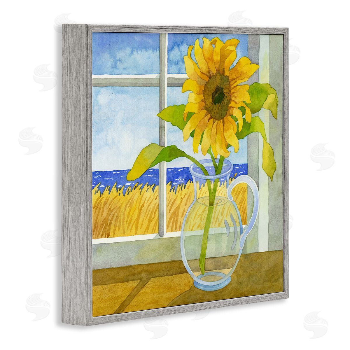 Robin Altman Sunflower in Coastal Window Gray Framed Glicee Wall Art Print