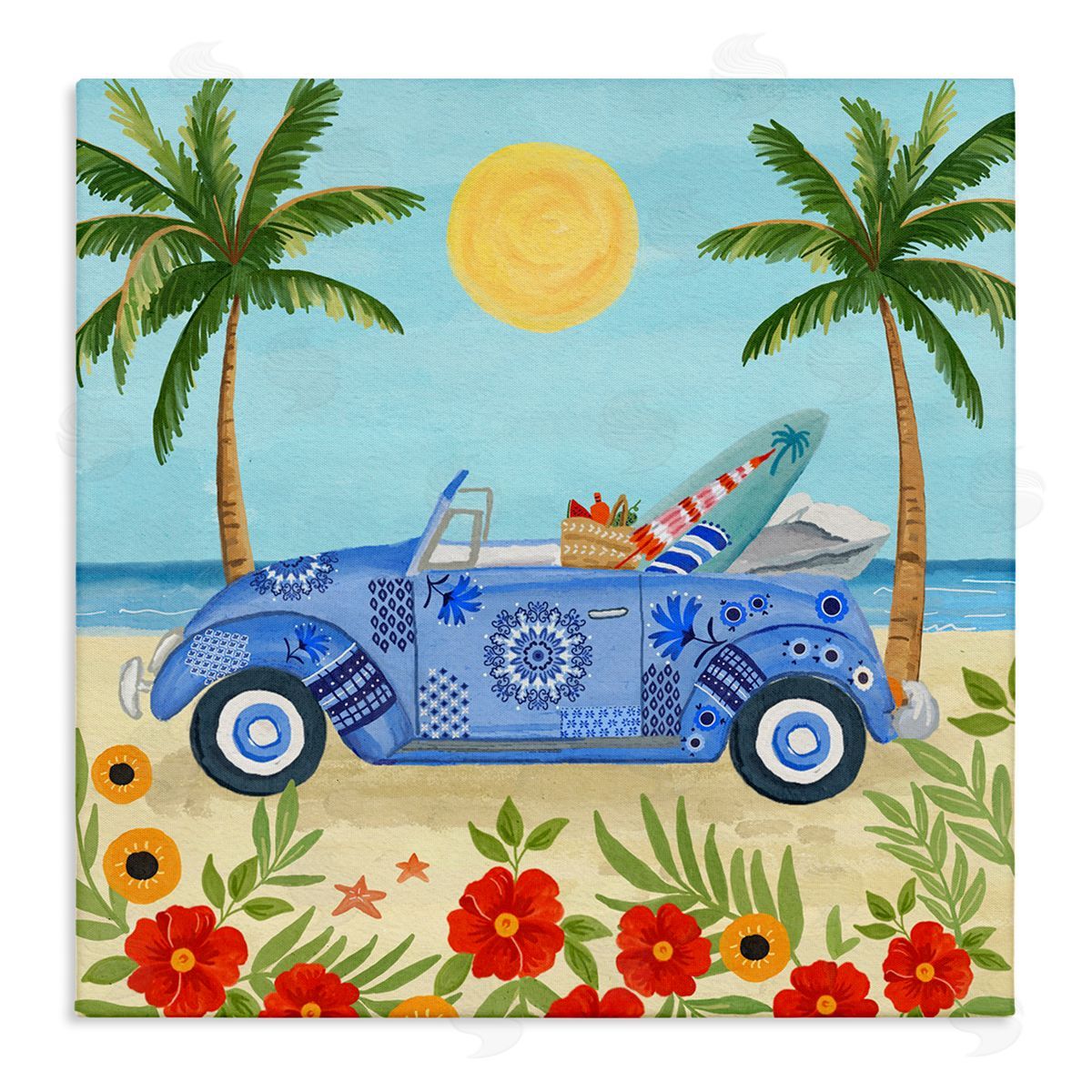 Sharon Lee Floral Car on Beach Stretched Canvas Wall Art Print