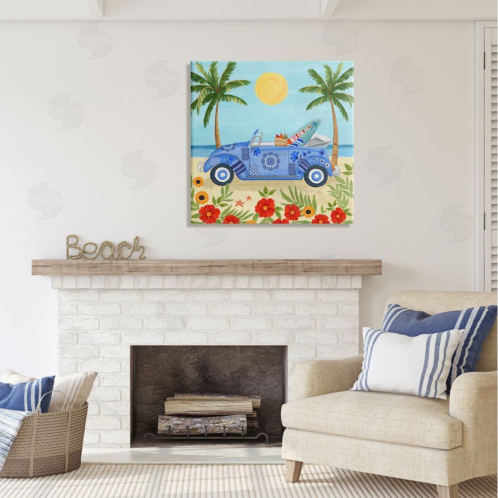 Sharon Lee Floral Car on Beach Canvas Wall Art in Room