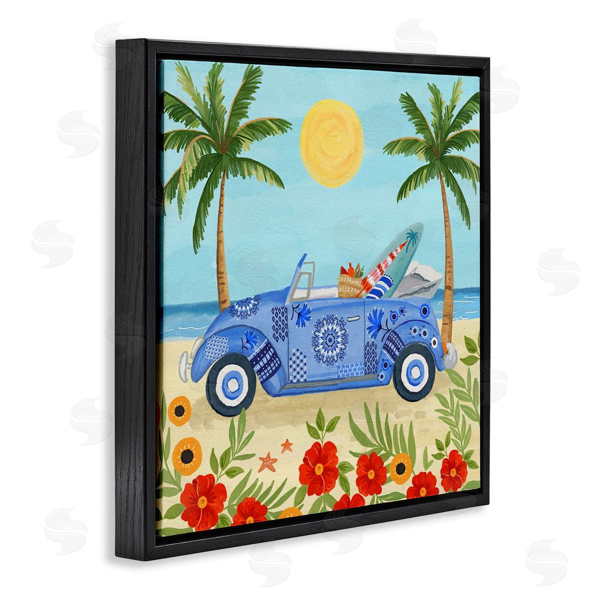 Sharon Lee Floral Car on Beach Black Floating Frame Canvas Wall Art Print
