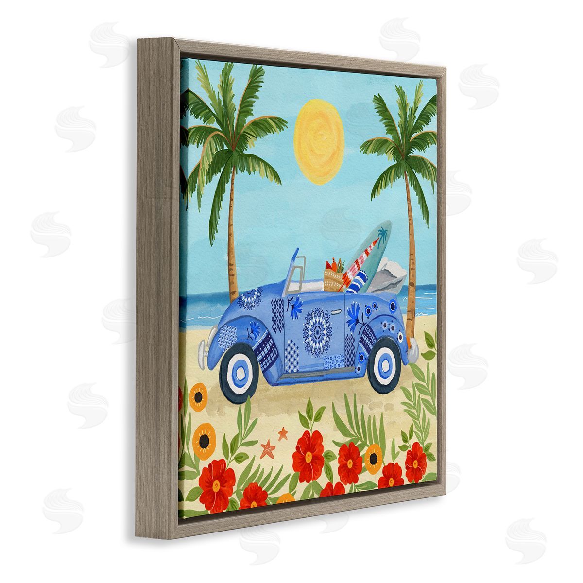 Sharon Lee Floral Car on Beach Brown Floating Frame Canvas Wall Art Print