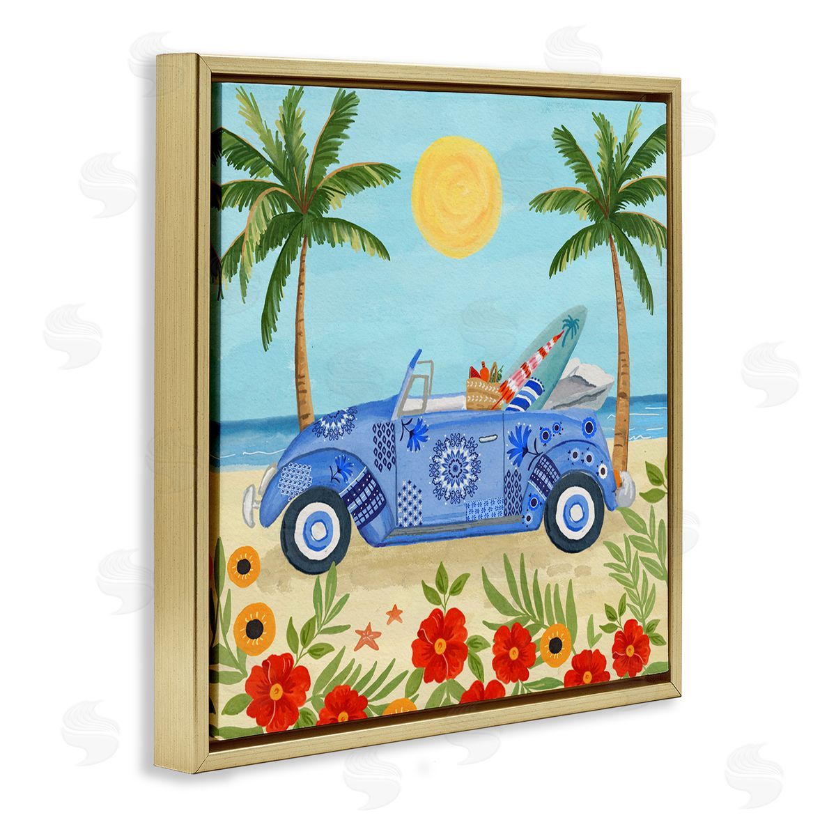 Sharon Lee Floral Car on Beach Gold Floating Frame Canvas Wall Art Print