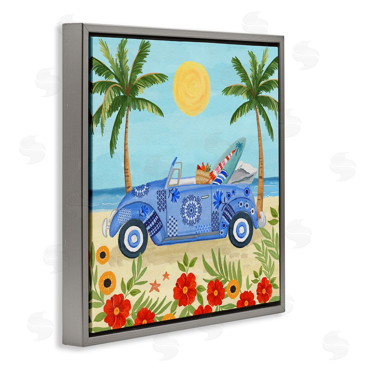 Sharon Lee Floral Car on Beach Gray Floating Frame Canvas Wall Art Print