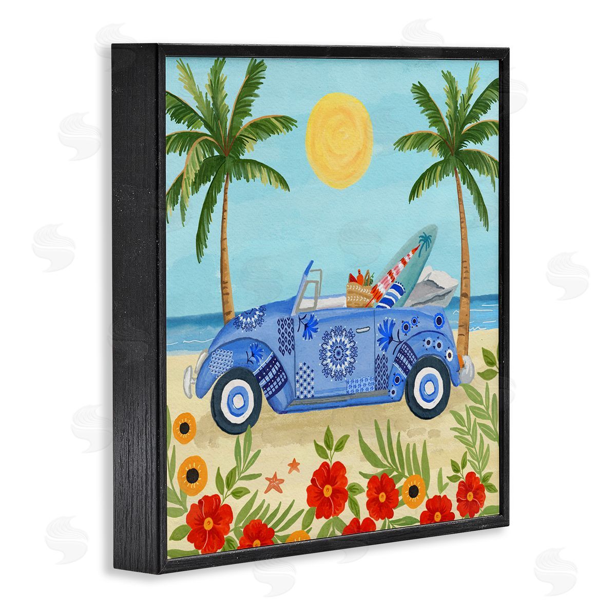 Sharon Lee Floral Car on Beach Black Framed Glicee Wall Art Print