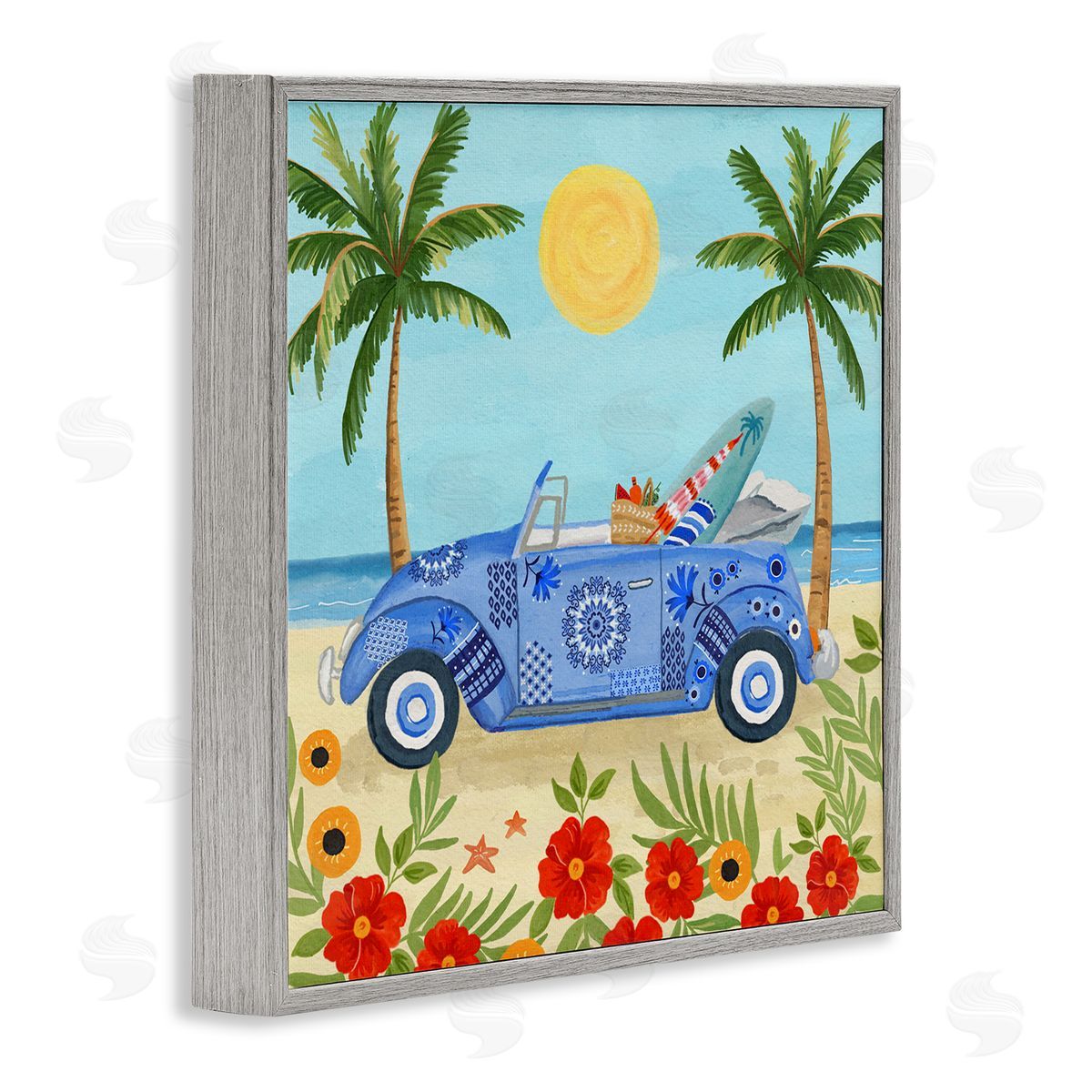 Sharon Lee Floral Car on Beach Gray Framed Glicee Wall Art Print
