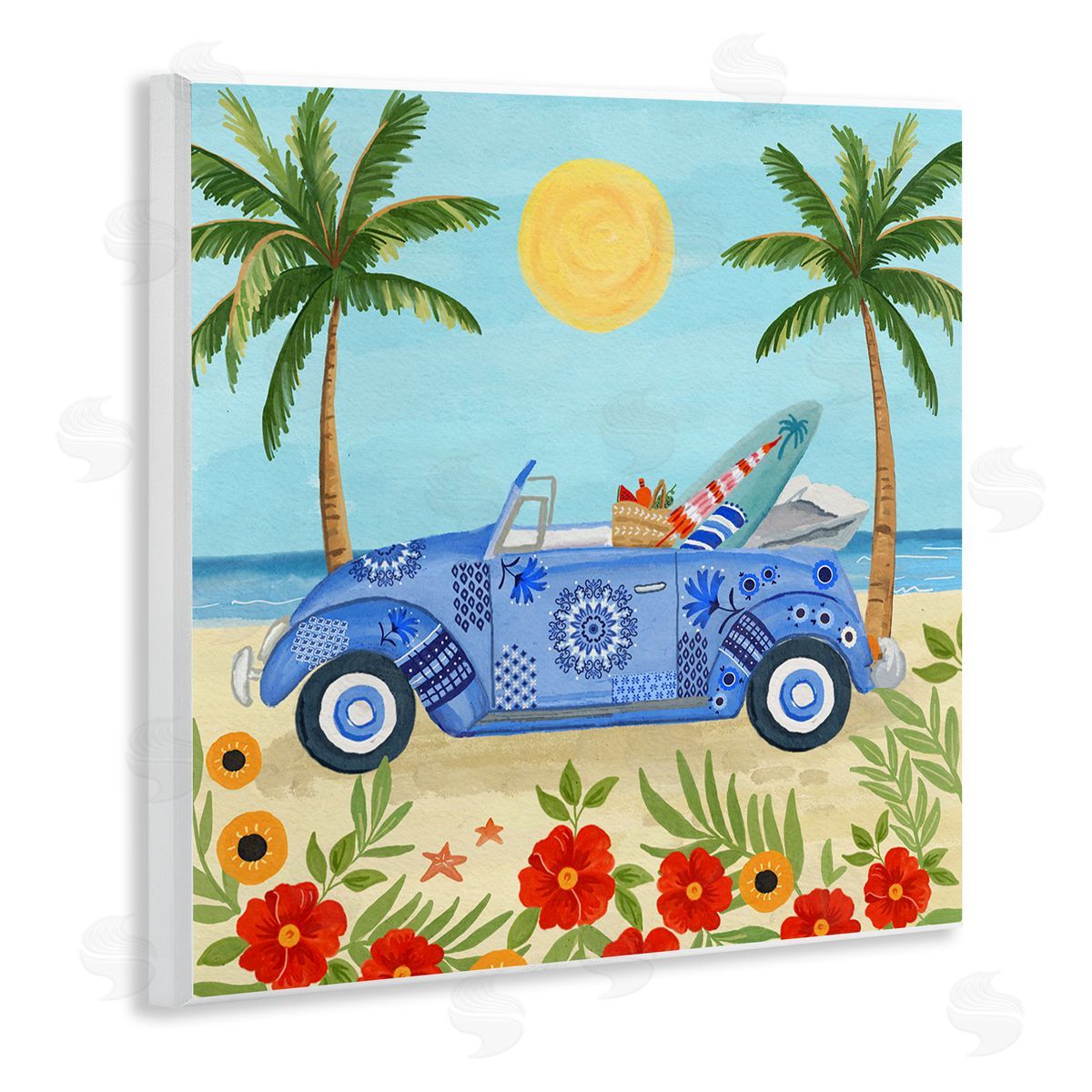 Sharon Lee Floral Car on Beach Wooden Wall Plaque Art Print