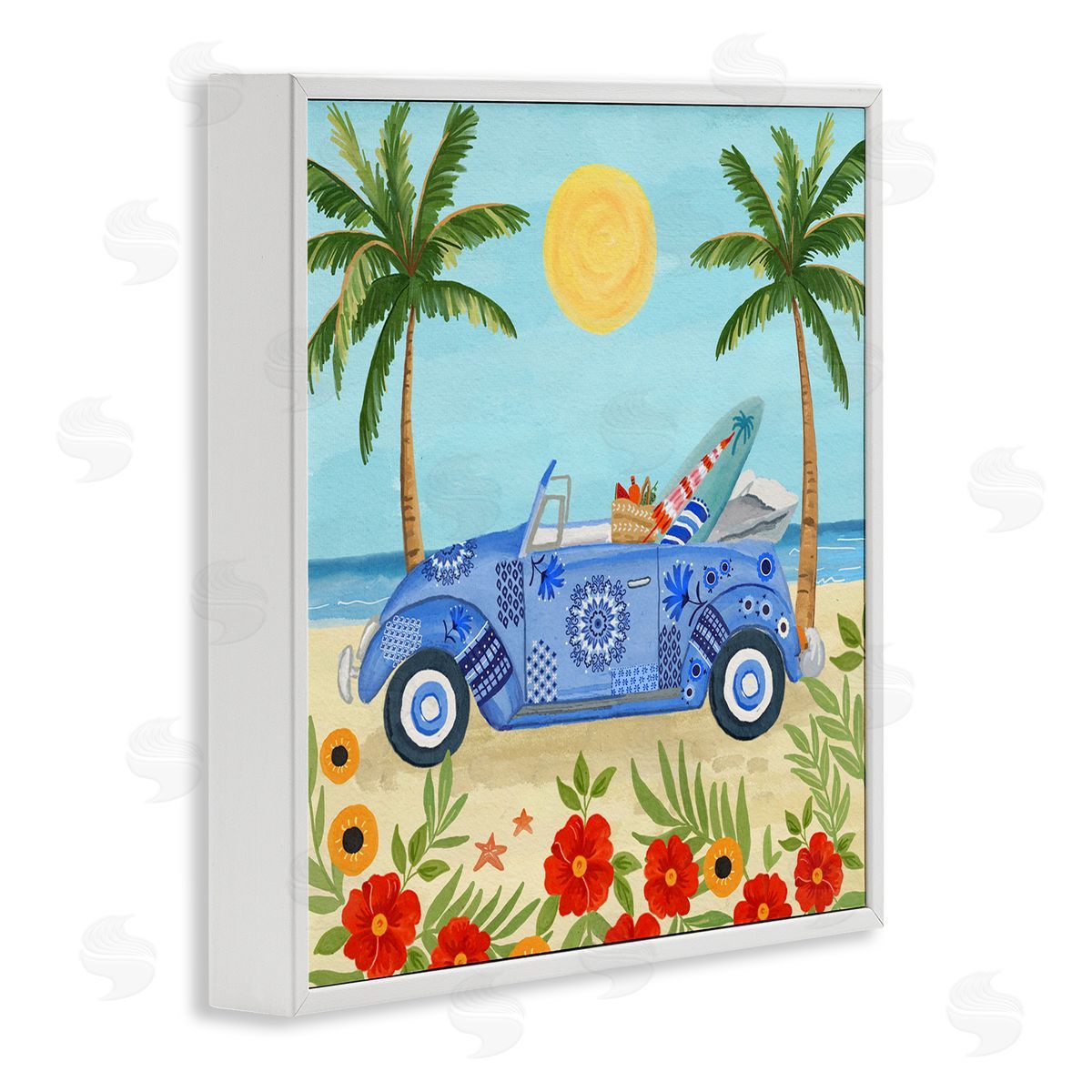 Sharon Lee Floral Car on Beach White Framed Glicee Wall Art Print