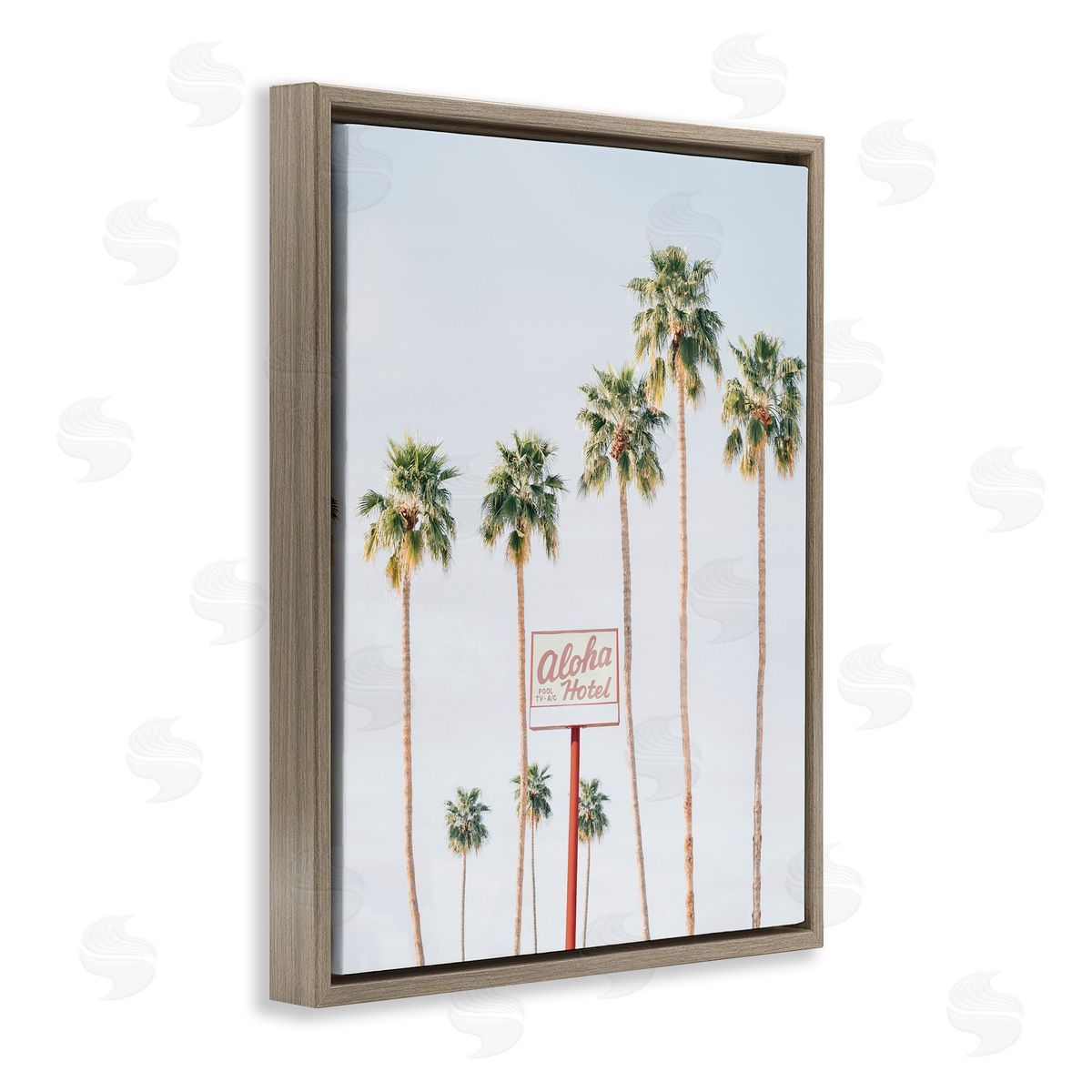 Aloha Hotel with Palm Trees Brown Floating Frame Canvas Wall Art, Home Decor by Sisi and Seb