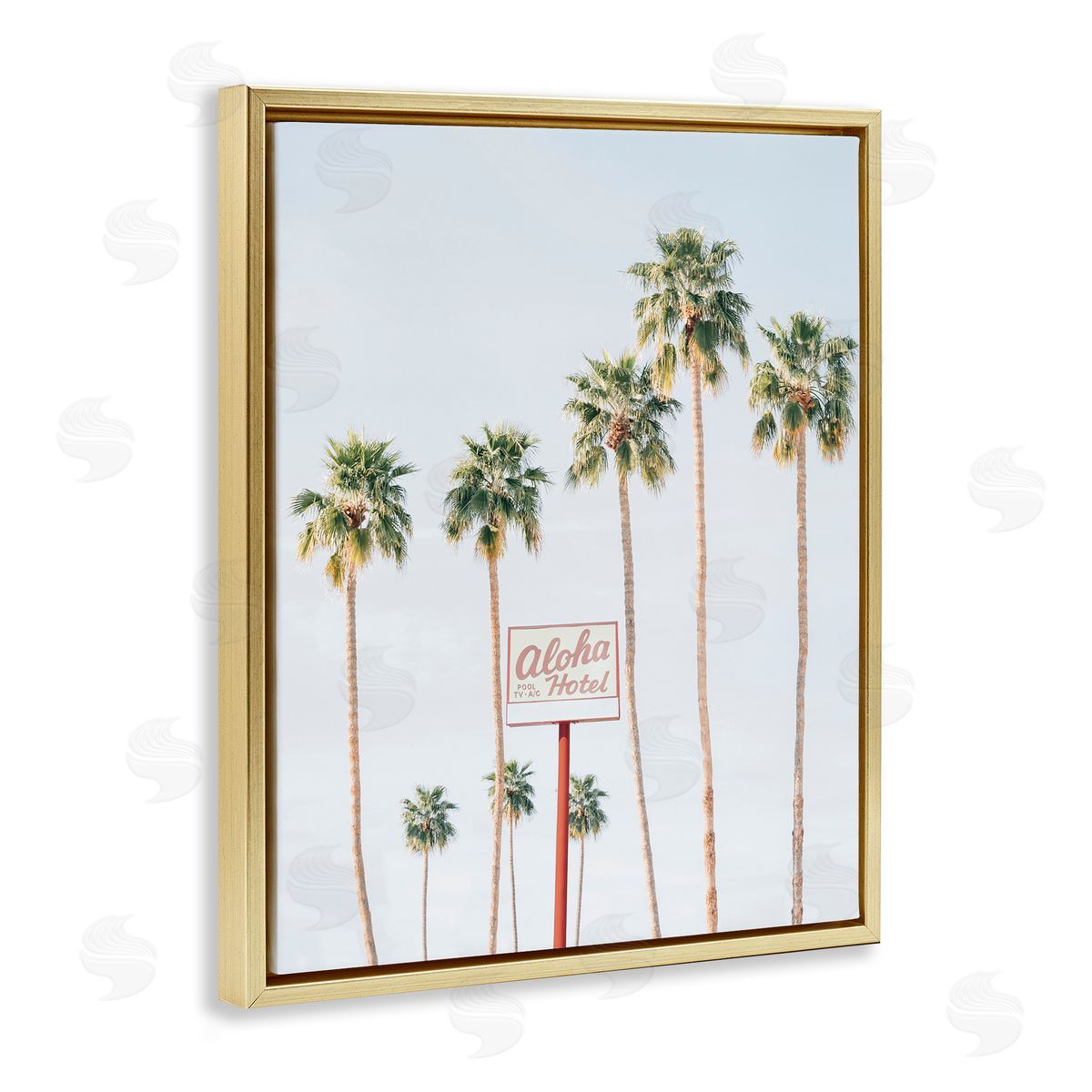 Aloha Hotel with Palm Trees Gold Floating Frame Canvas Wall Art, Home Decor by Sisi and Seb