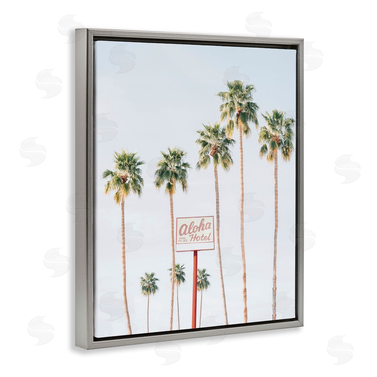 Aloha Hotel with Palm Trees Grey Floating Frame Canvas Wall Art, Home Decor by Sisi and Seb