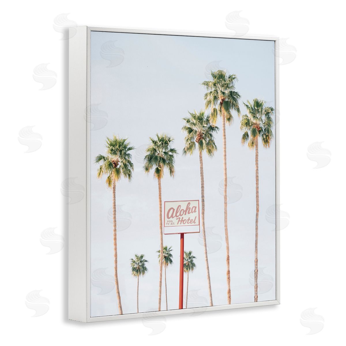 Aloha Hotel with Palm Trees White Frame Print Wall Art, Home Decor by Sisi and Seb
